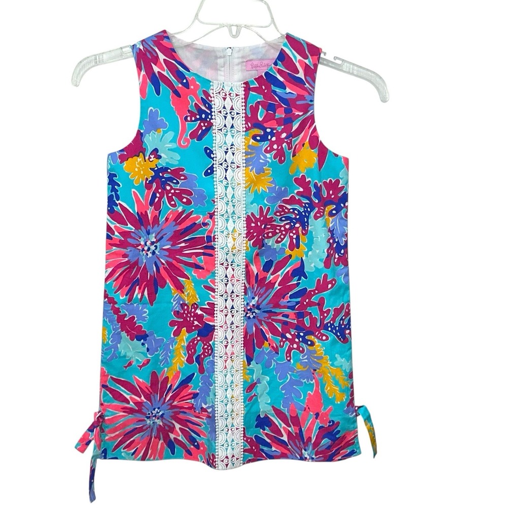 Lilly Pulitzer Girls Shift Dress in Ember Aqua Trippin and Sippin Print Size 10
